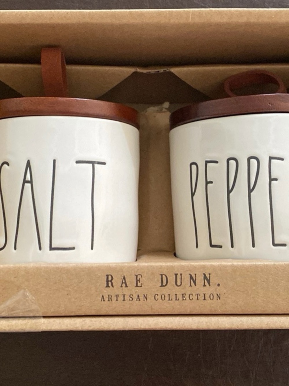 Rae Dunn White Ceramic Salt & Pepper Canisters with Brown Lids
